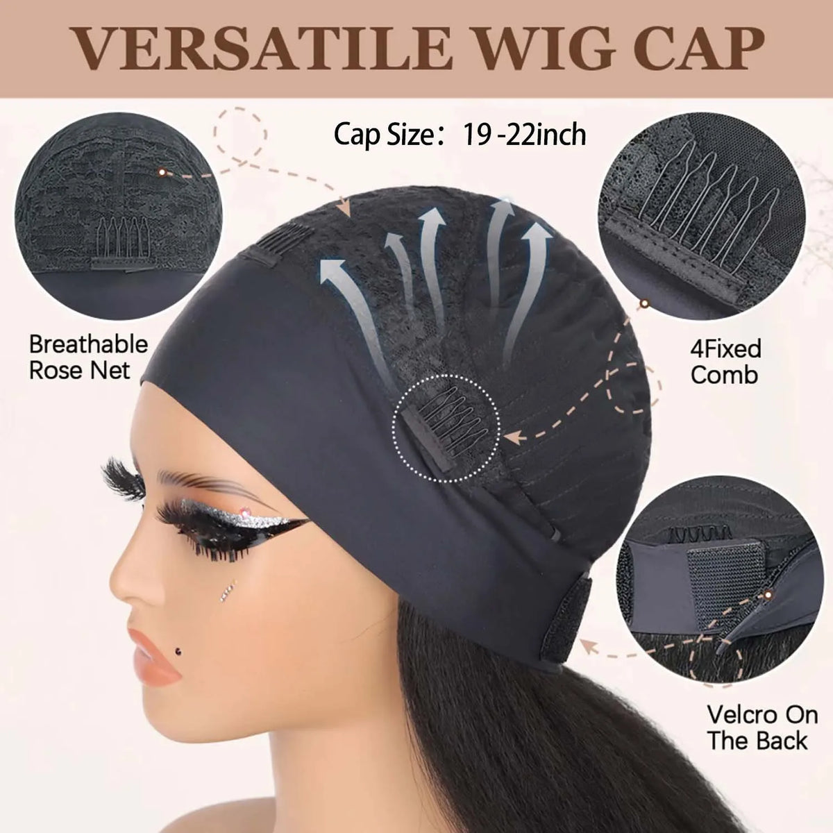 A black versatile wig cap is shown on a mannequin head, highlighting its breathable rose net and 4 fixed comb design.