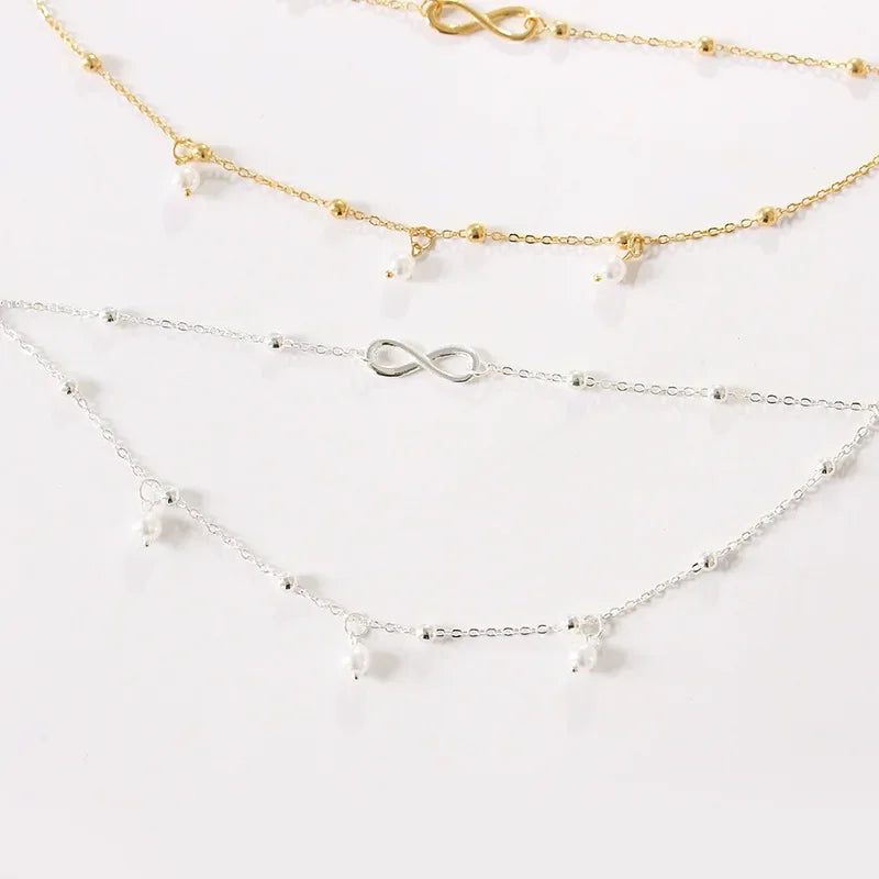 Boho silver plated friendship anklet for women shown in a delicate chain design