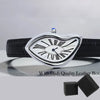 Silver heart-shaped quartz wristwatch with Roman dial and black leather strap displayed on a white background.