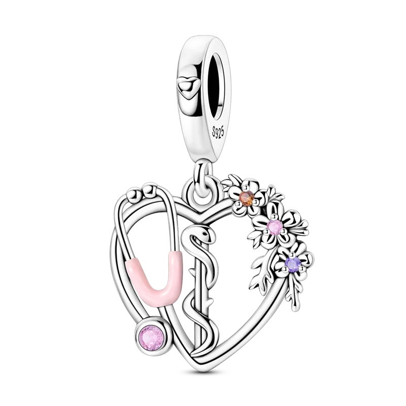 A sterling silver devil's eye charm bracelet featuring a heart design with floral accents and pink and purple stones.