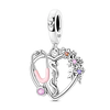 A sterling silver devil's eye charm bracelet featuring a heart design with floral accents and pink and purple stones.