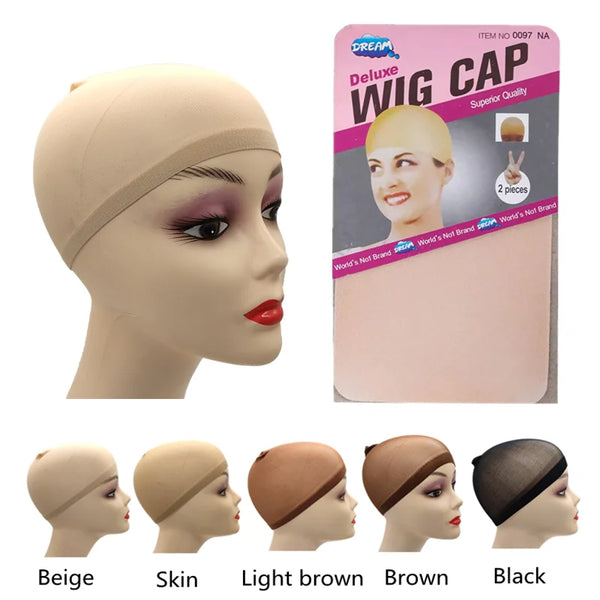 A set of five colored wig caps including beige, skin, light brown, brown, and black shades shown on a mannequin head.