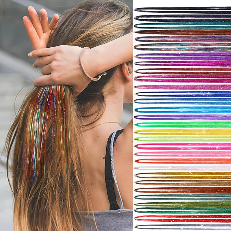 Close-up of a woman's hair with colorful glitter extensions being braided, displayed alongside a color spectrum chart.