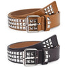 A brown leather belt with silver square bead rivets and a silver buckle.