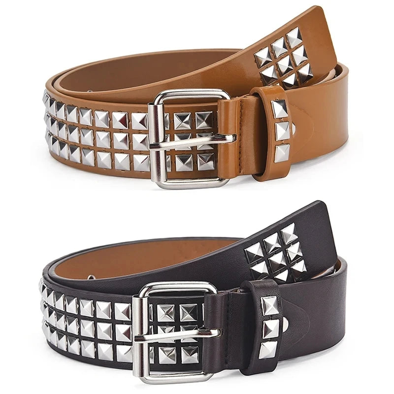 A brown leather belt with silver square bead rivets and a silver buckle.