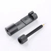 A black adjustable watch band link repair kit showing a metal link and a threaded tool.