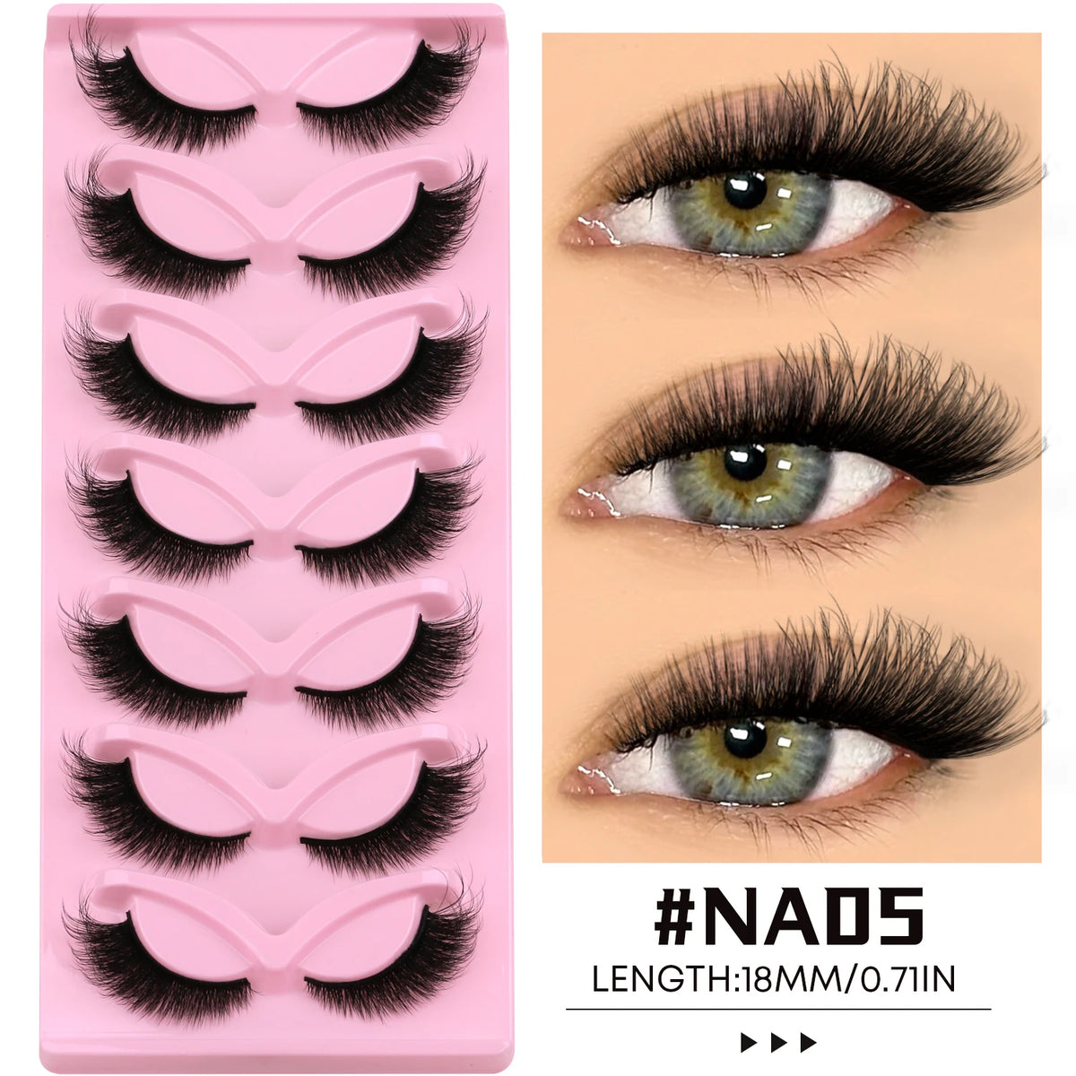 A pink plastic tray holding ten pairs of black faux mink cat eye eyelashes for cosmetic use.