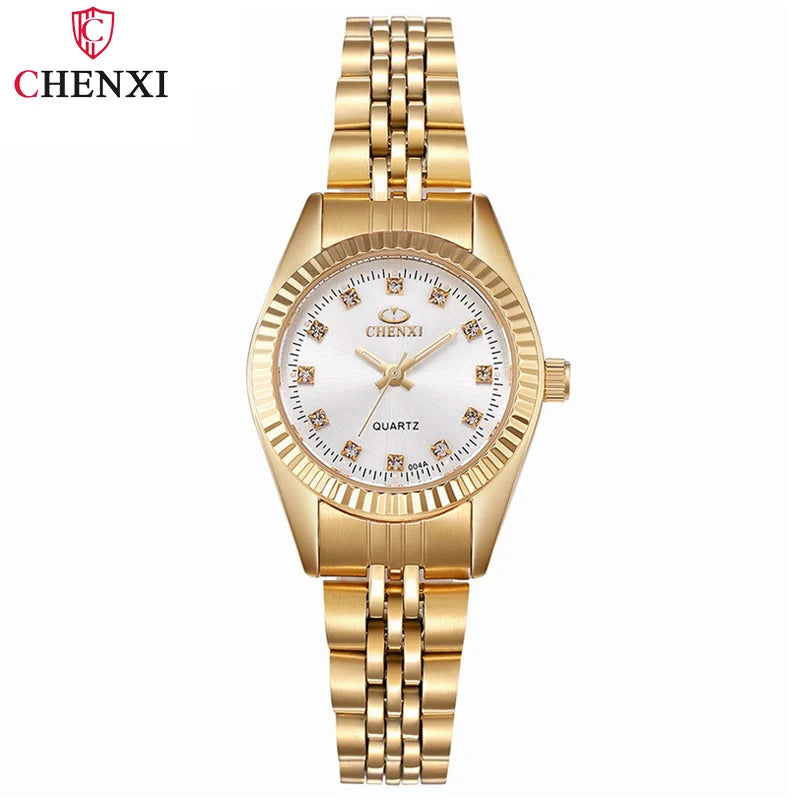 A gold-toned quartz wristwatch with a round face and metal bracelet.