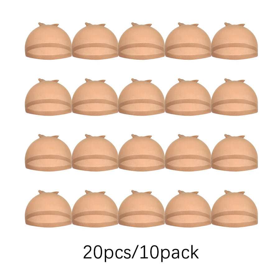A set of twenty stretch mesh wig caps for hair netting in a natural skin tone color.