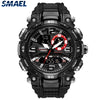 A black digital wristwatch with a rotating bezel and display showing time, alarm, and light features.