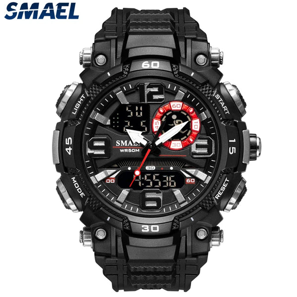 A black digital wristwatch with a rotating bezel and display showing time, alarm, and light features.