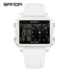 A white digital wristwatch with a black display showing the time and date.