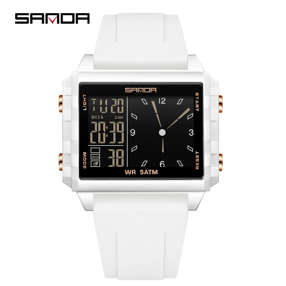 A white digital wristwatch with a black display showing the time and date.