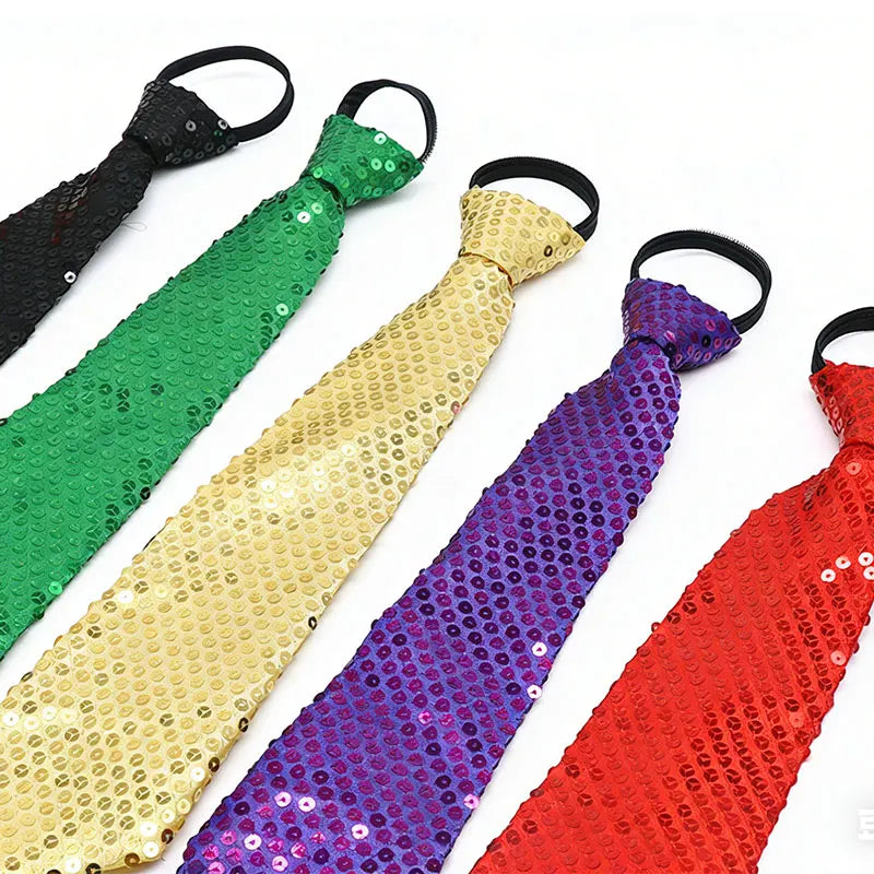 A collection of unisex sequin ties in green, gold, purple, and red.