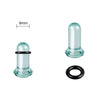 A clear glass ear stretching plug with a black ring and a measuring scale showing 9mm.