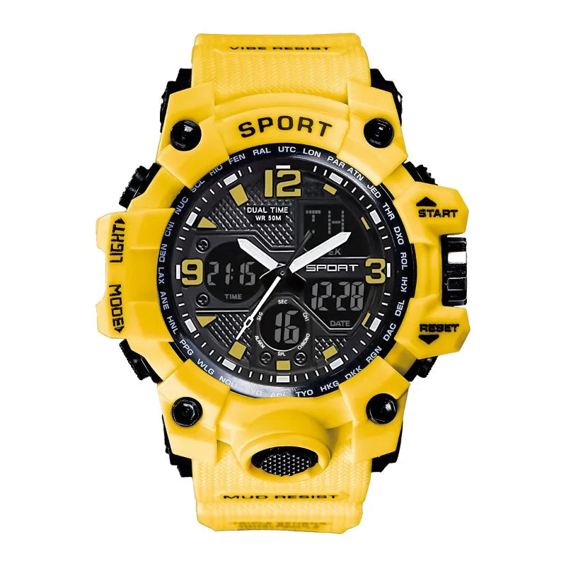 Montre sportive numérique jaune homme avec cadran noir et accents dorés.