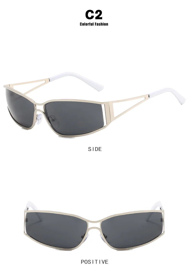 A pair of gold-framed gradient mirror sunglasses shown from the side and front views.