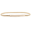 A thin gold chain waist belt for women with a rectangular leather accent.
