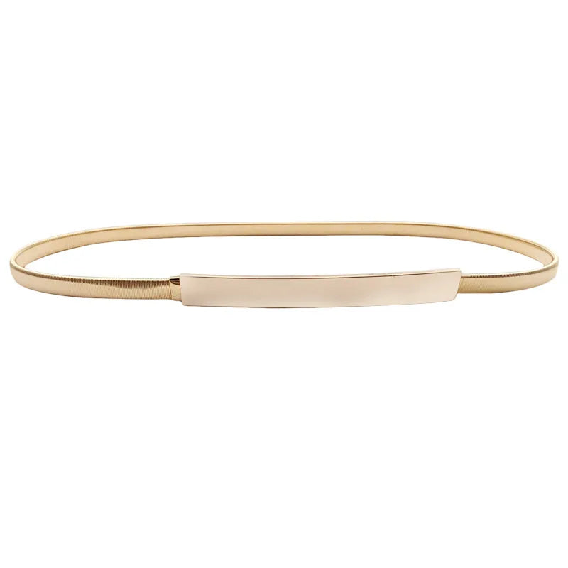 A thin gold chain waist belt for women with a rectangular leather accent.