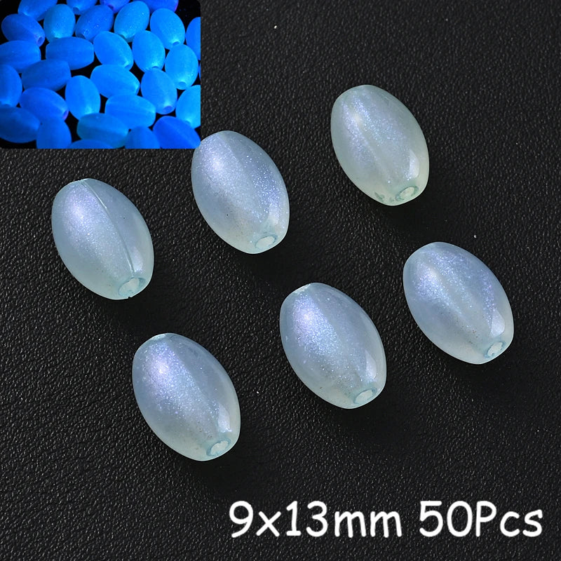 50 pieces of luminous glow-in-the-dark acrylic beads, oval shaped, 9x13mm.