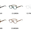 Five pairs of round anti-blue light computer glasses in black, green, transparent, leopard, and brown colors.