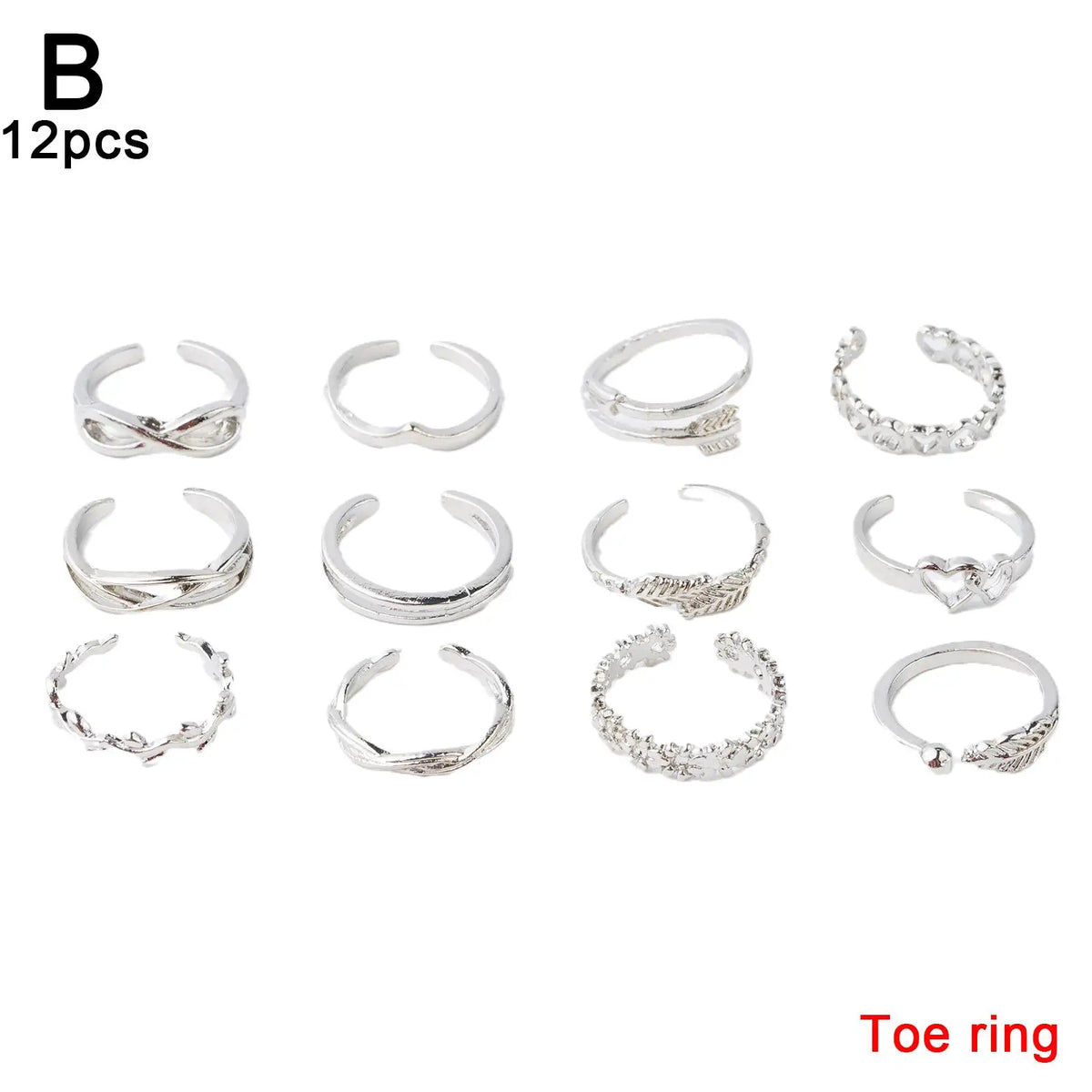 A set of 12 silver adjustable open toe rings for women