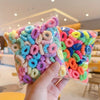 A hand holds a clear plastic bag filled with colorful, fluffy elastic hair bands for girls.