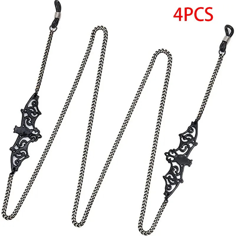 Four pairs of black metal link eyeglass straps for glasses and sunglasses