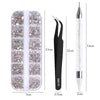 A set of 4 rhinestone nail art decorations packaged in a clear plastic case with an ESD-15 applicator pen.