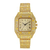 A gold-toned diamond crystal quartz wristwatch for men with a textured face and a pave-set metal band.