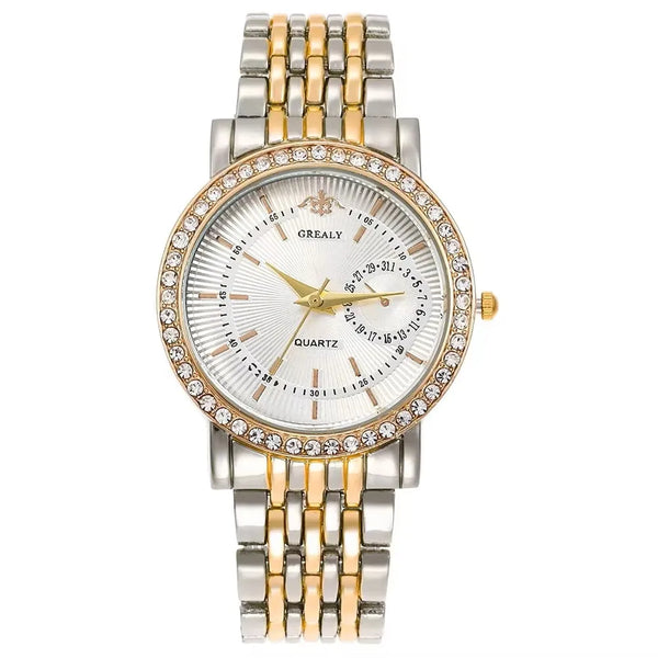 Elegant two-tone crystal quartz wristwatch with gold and silver links and a clear dial