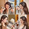 A woman shows off a set of vintage frosted geometry hair clips against a blurred background.
