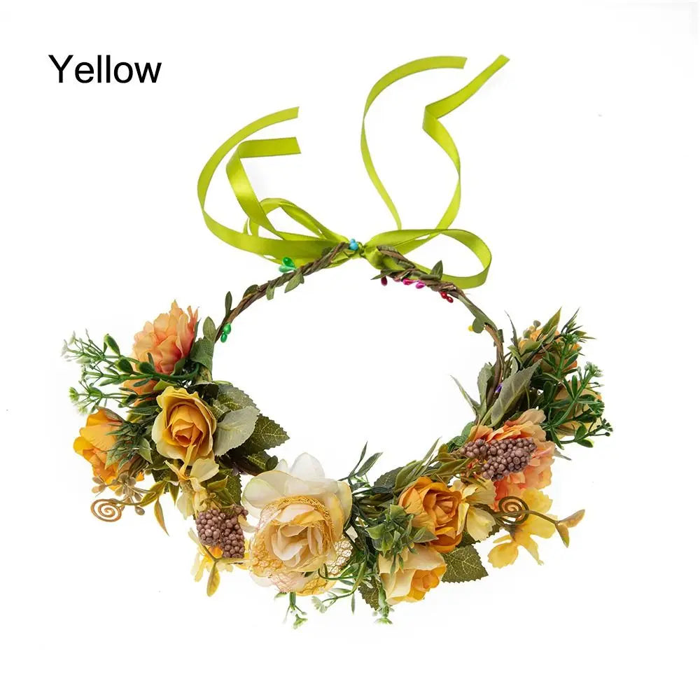 Yellow bohemian flower wreath headband with green ribbon and mixed floral elements