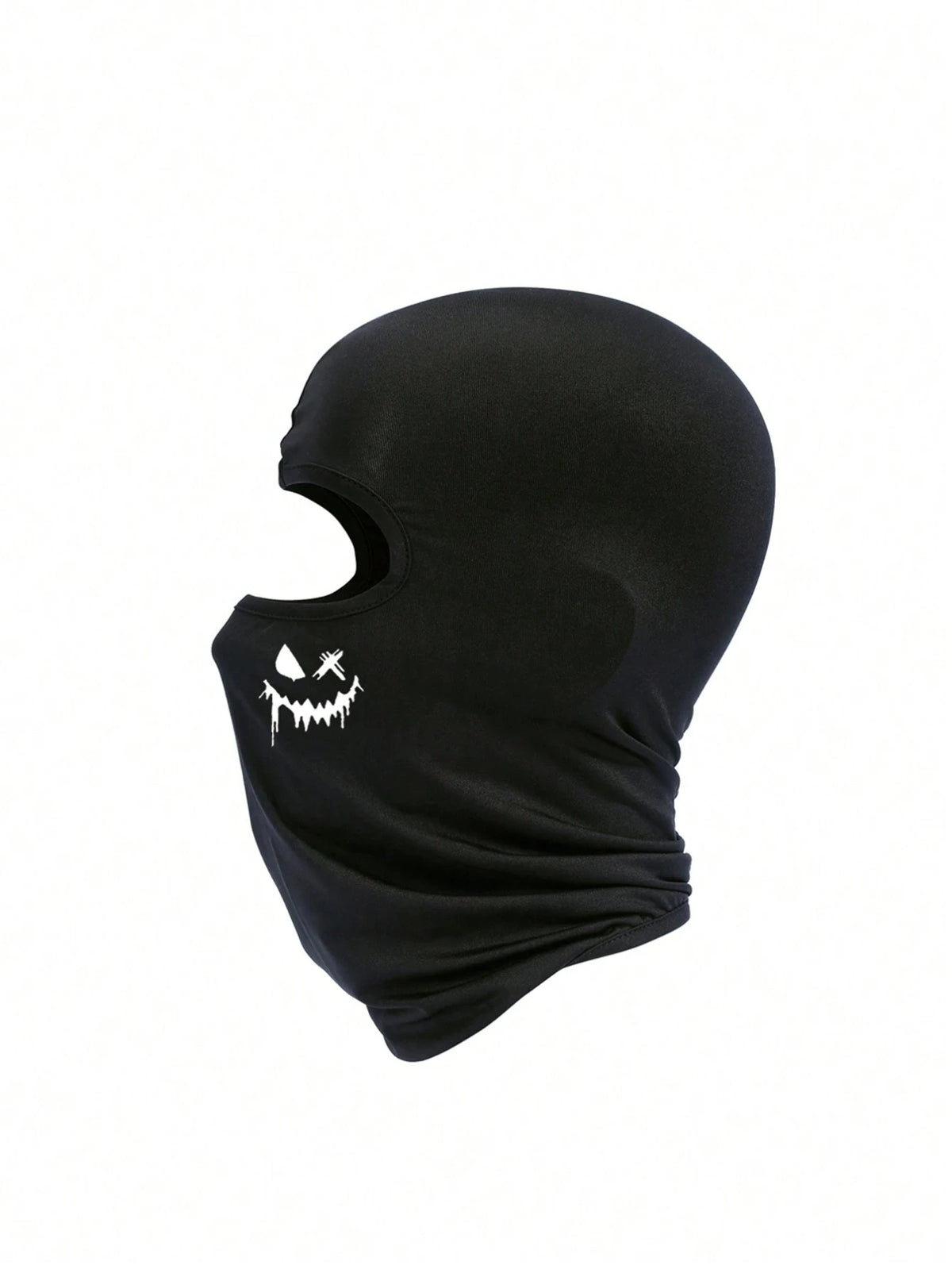 Balaclava de malla negra transpirable con calavera blanca estilizada y dientes goteantes