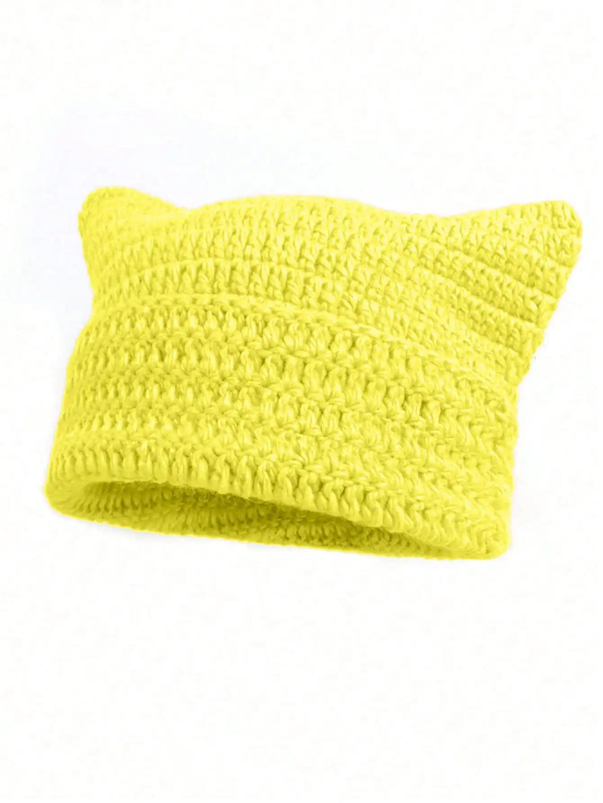 A bright yellow crocheted beanie hat with cat ear shapes.