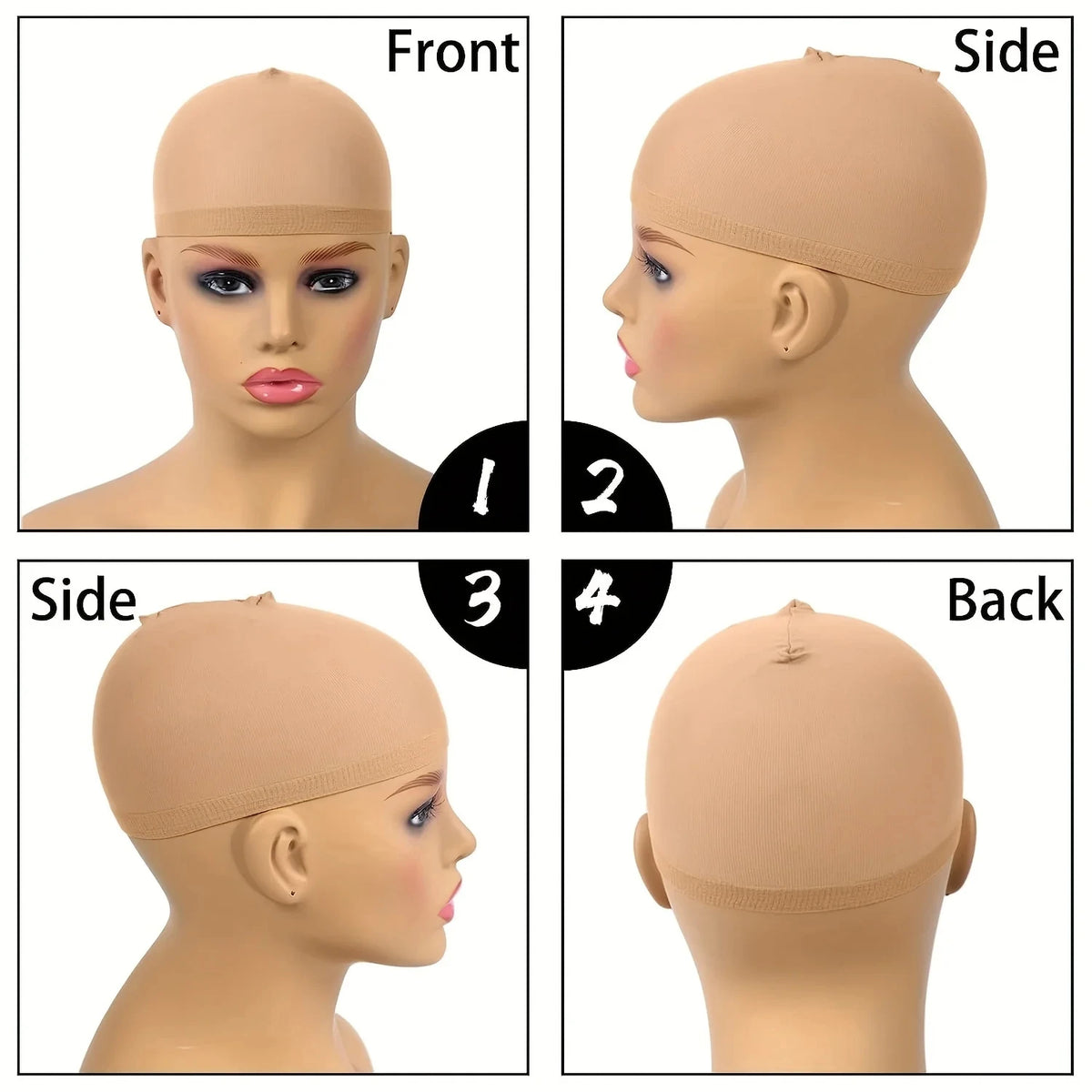 A set of tan stretchy non-slip wig caps shown from front, side, and back angles.