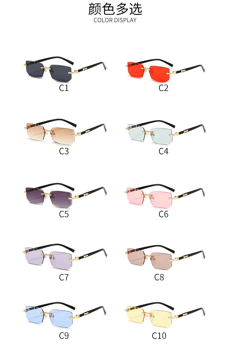 A collection of ten rimless rectangle sunglasses in various colors and finishes, labeled C1 through C10.