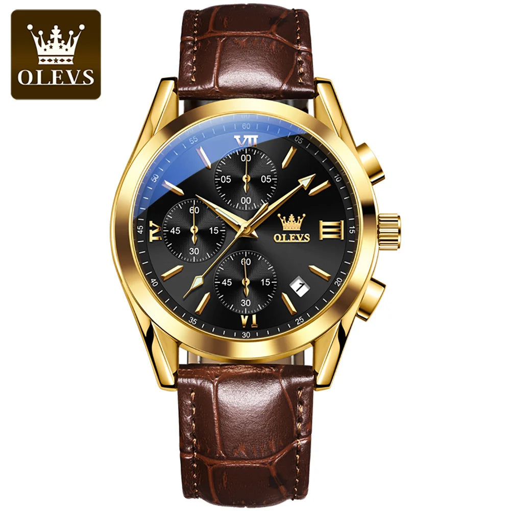 A gold-toned men's chronograph wristwatch with a dark blue dial and brown leather strap.