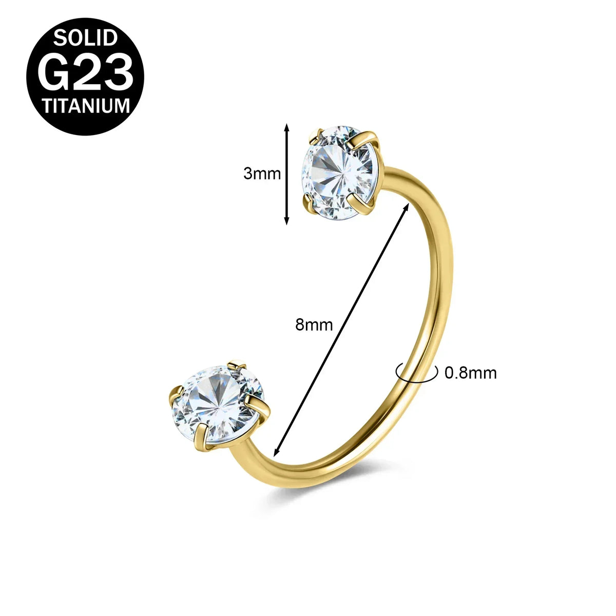 Gold-toned titanium nose ring featuring a round CZ crystal gemstone.