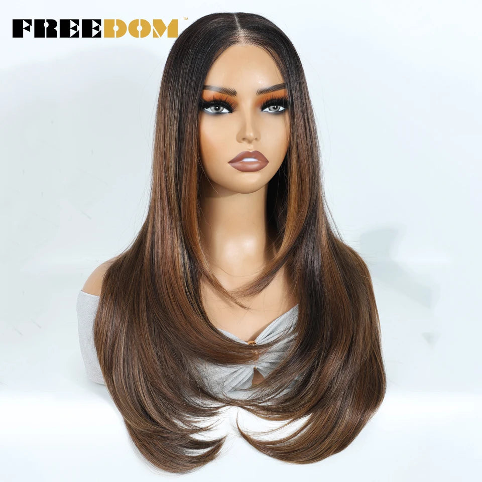A model wearing a long, straight brown wig with dark roots and light brown ends.