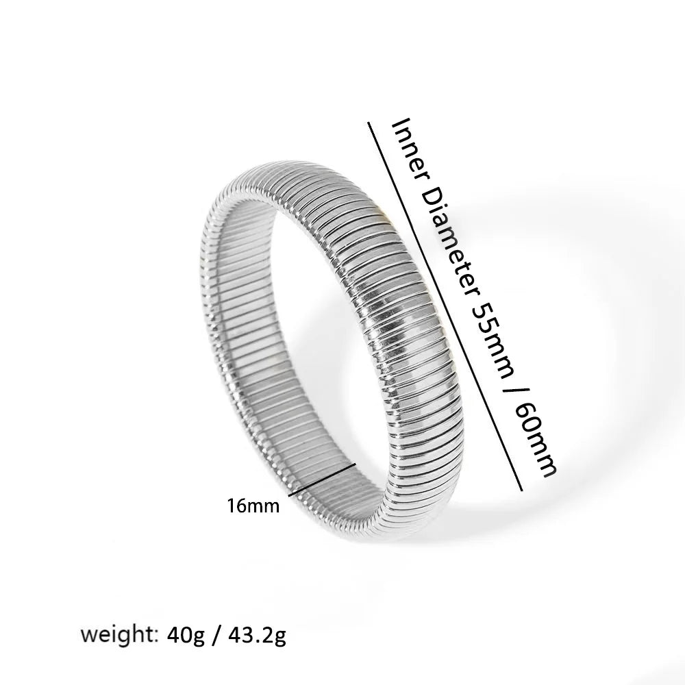 A silver-toned elastic bangle bracelet with an inner diameter of 55mm and a weight of 40g.