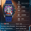 A blue watch with a black case and blue strap is displayed against technical specifications.