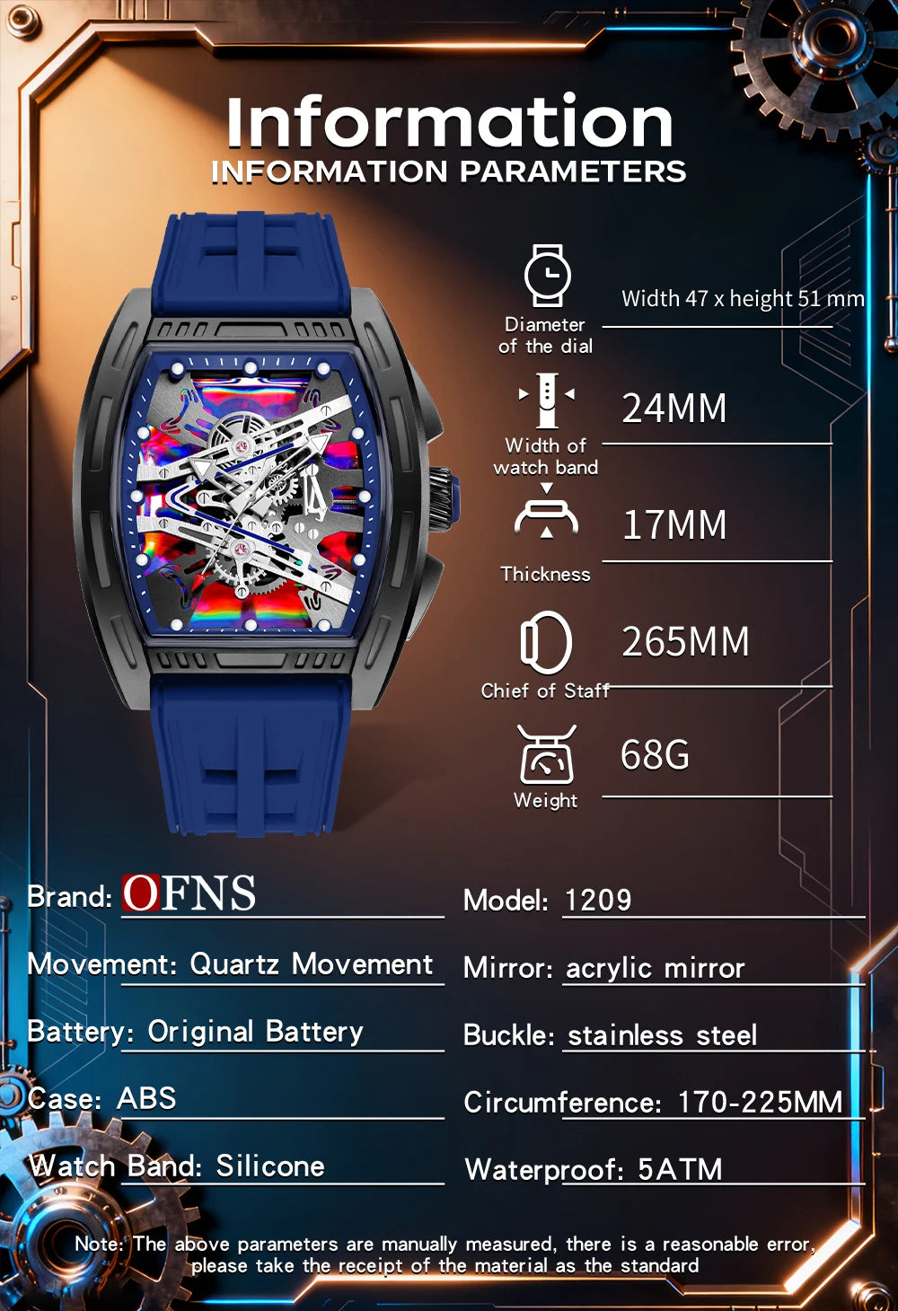 A blue watch with a black case and blue strap is displayed against technical specifications.