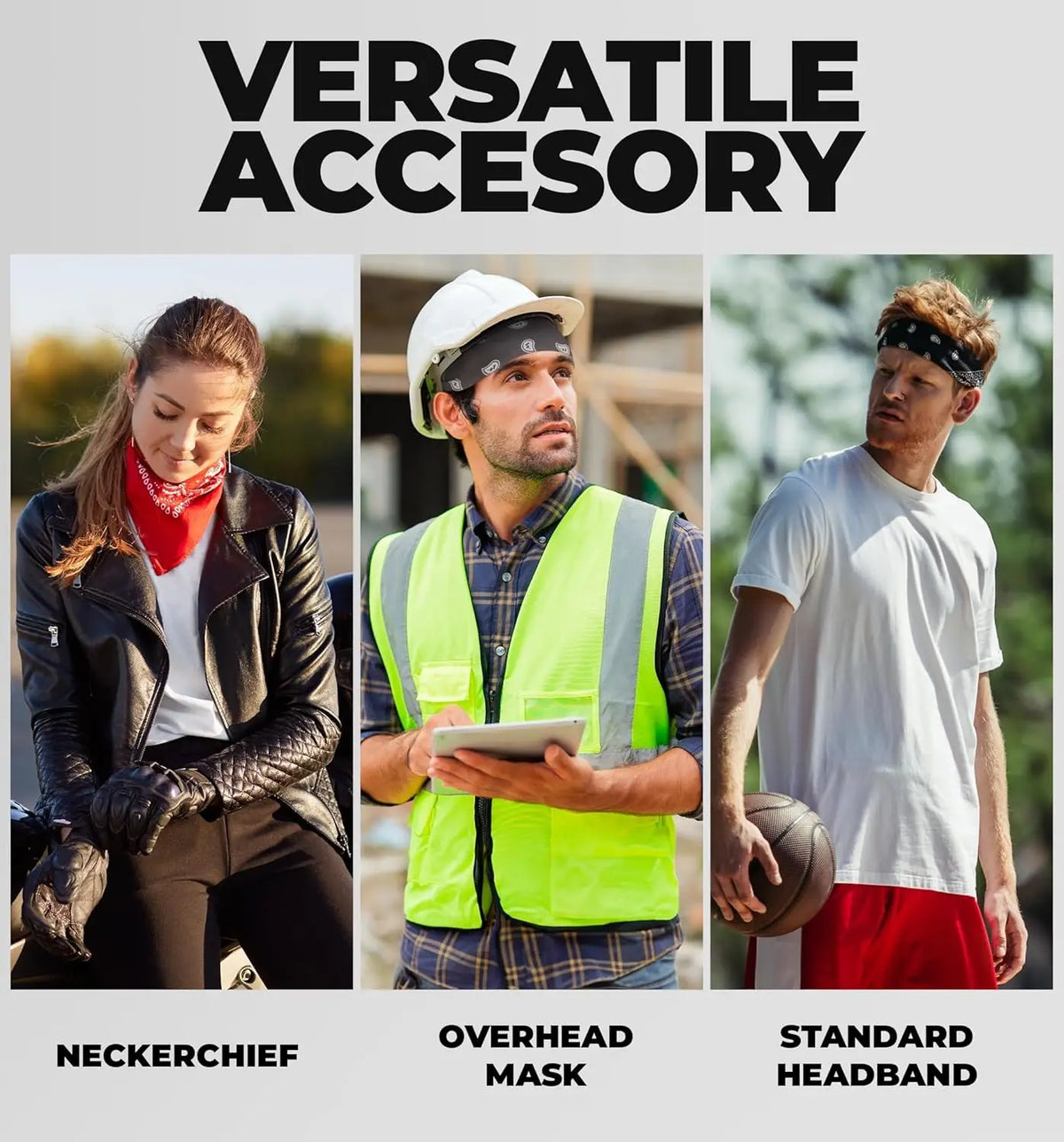 Three people demonstrate a versatile accessory: a neckerchief, overhead mask, and standard headband.