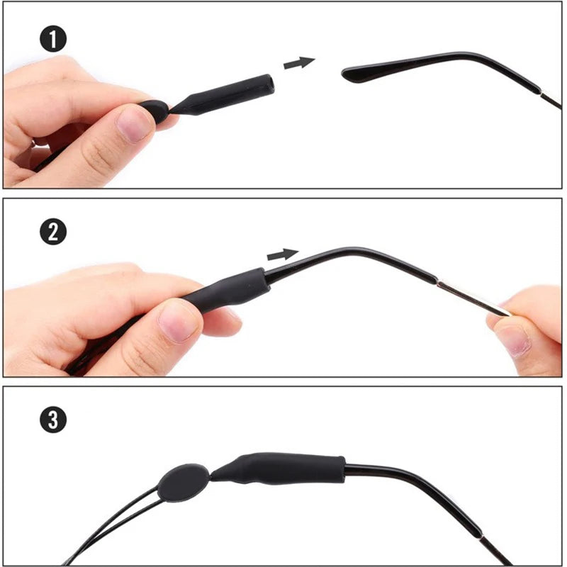 Demonstration of adjusting an adjustable silicone eyewear strap for glasses and sunglasses.