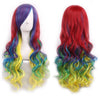 A display of rainbow ombre synthetic hair wig featuring vibrant blue, green, yellow, and red hues.