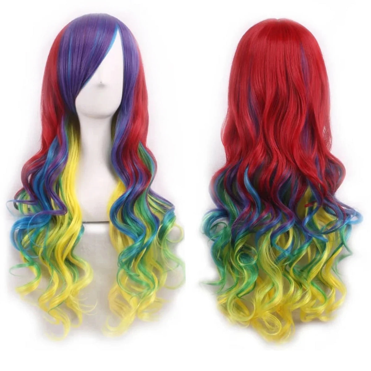 A display of rainbow ombre synthetic hair wig featuring vibrant blue, green, yellow, and red hues.