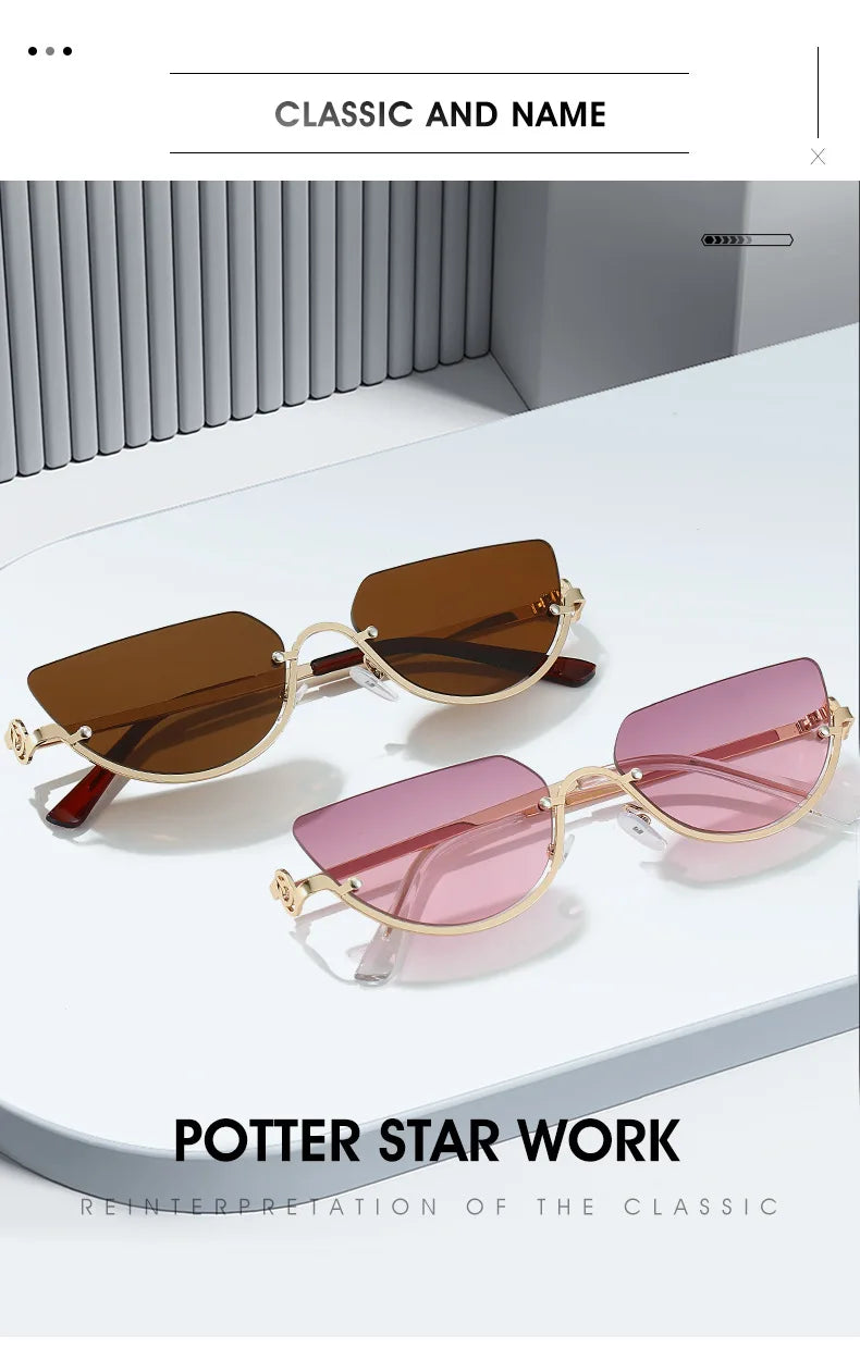 Gafas de estilo ojo de gato retro con marco dorado en tonos marrón y rosa, mostradas sobre una superficie blanca.
