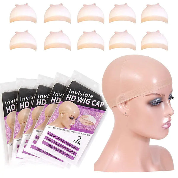 A display of several pink invisible lace wig caps and a mannequin head showing the product.