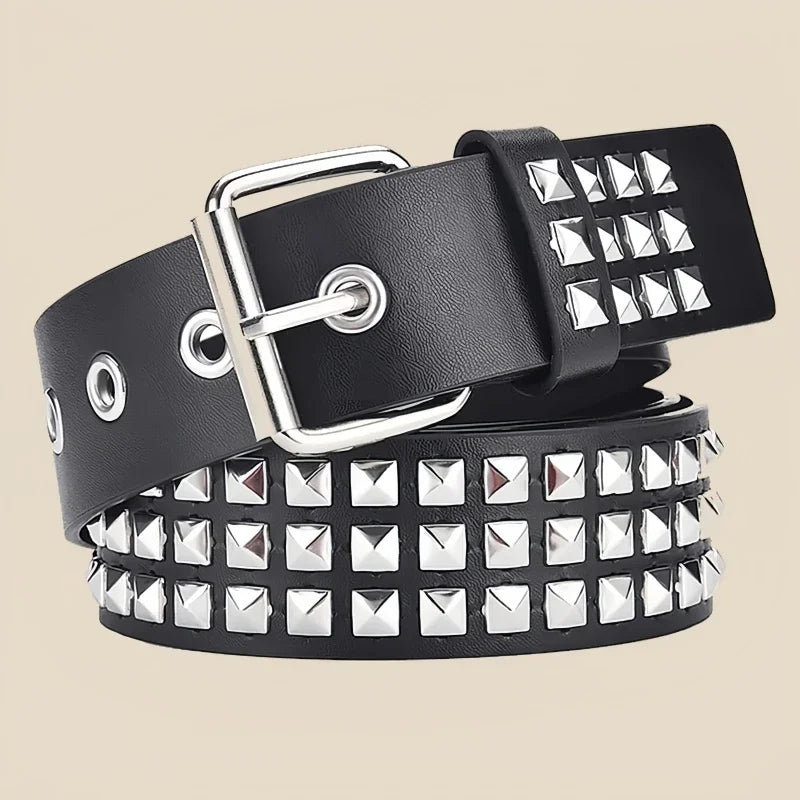 Black leather belt with silver rivets and studs for heavy metal style